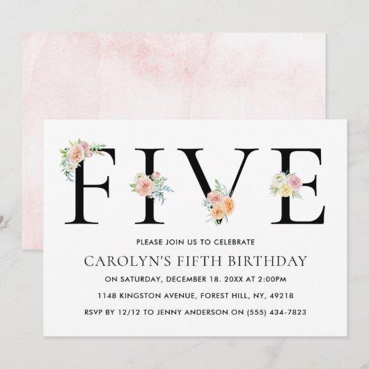 Eenvoudig Elegant Floral 5e verjaardag Kaart (Voorkant / Achterkant)