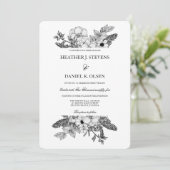 Eenvoudig Elegant Floral Black White Wedding Kaart (Staand voorkant)