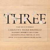 Eenvoudig Elegant Floral DREE 3e verjaardag Acryl Uitnodigingen (Voorkant)