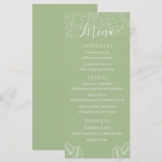 Eenvoudig Elegant Floral Sage Green Wedding Menu (Voorkant / Achterkant)