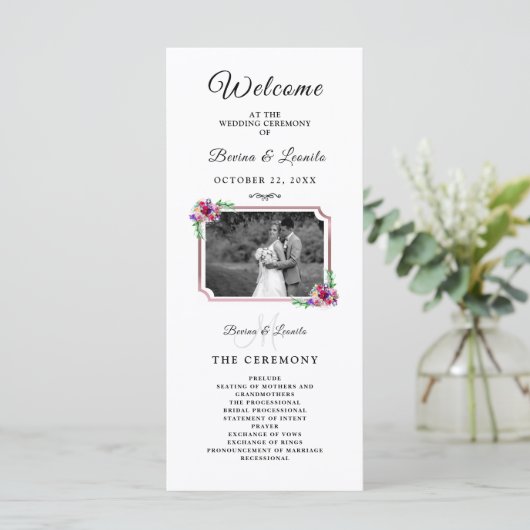 Eenvoudig Elegant Floral Script |Modern huwelijk Programmakaart (Staand voorkant)