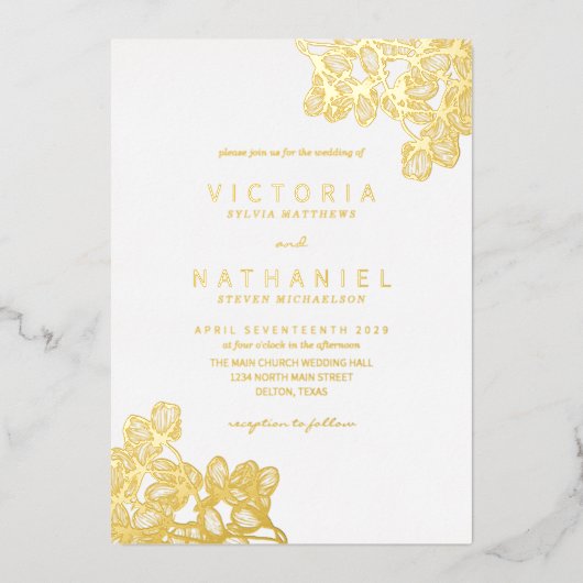 Eenvoudig Elegant Floral Summer Wedding Real Gold Folie Uitnodiging (Voorkant)