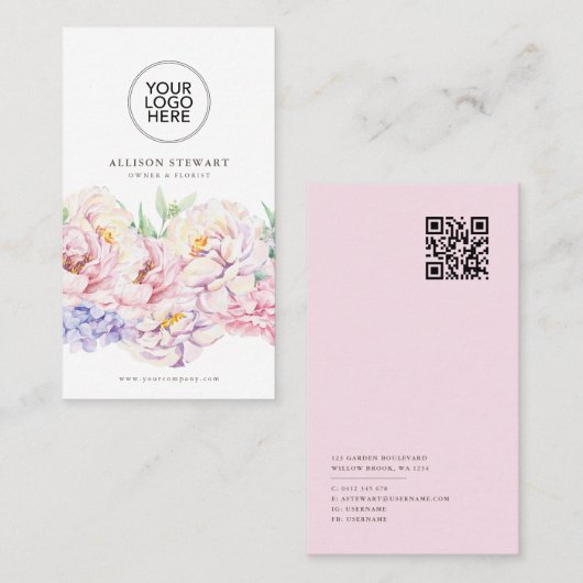 Eenvoudig Elegant Floral Visitekaartje met QR-code (Voorkant / Achterkant)