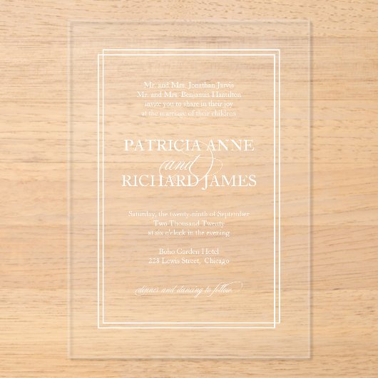 Eenvoudig elegant formeel huwelijk acryl uitnodigingen (Voorkant)