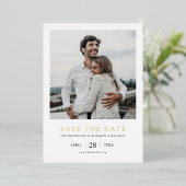 Eenvoudig elegant fotohuwelijk: sla de datum goud folie uitnodiging (Staand Voorkant)