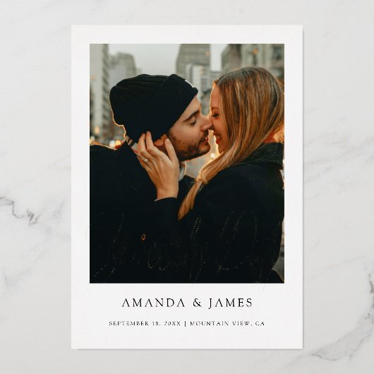 Eenvoudig elegant fotohuwelijk: sla de datum goud folie uitnodiging (Voorkant)