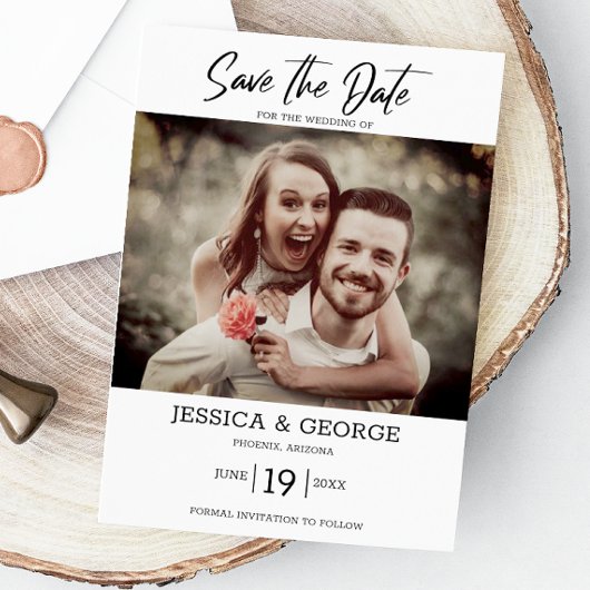 Eenvoudig elegant fotohuwelijk sparen de Datum Kaart