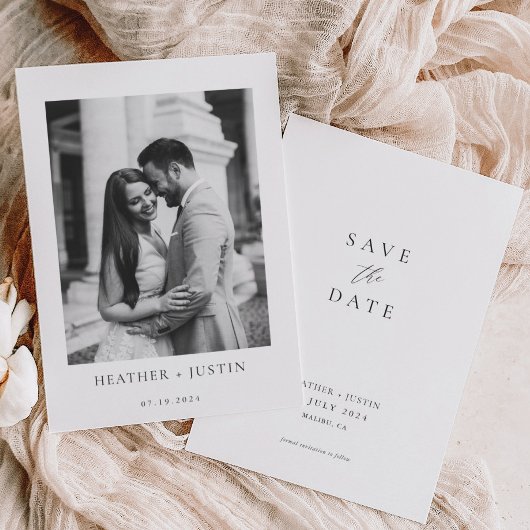 Eenvoudig elegant fotohuwelijk sparen de datum save the date