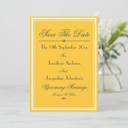 Eenvoudig Elegant Geel Wit Save The Date Bruiloft Aankondiging (Staand voorkant)