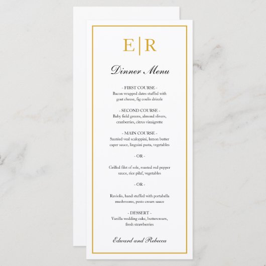 Eenvoudig Elegant Gold Monogram Foral Weddenschap Menu (Voorkant / Achterkant)