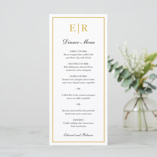 Eenvoudig Elegant Gold Monogram Foral Weddenschap Menu (Staand voorkant)