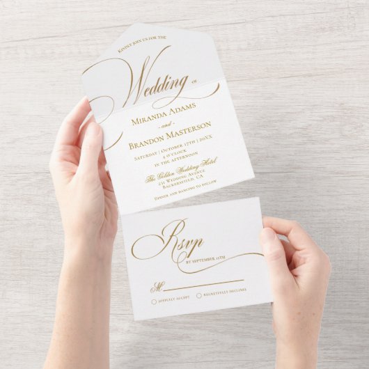 Eenvoudig Elegant Gold Script Weddenschap All In One Uitnodiging (Afscheurbaar)