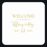 Eenvoudig elegant Gold Weddenschap Welkomstplein s Vierkante Sticker<br><div class="desc">Deze eenvoudige elegante gouden trouwwelkomstpleistersticker is perfect voor je moderne,  minimalistische witte en goudbruiloft. Het ontwerp biedt een minimaal hedendaags goudlettertype dat vergezeld gaat van een formele kalligrafie. Houd het zoals is,  of verkies om het met uw eigen kunstwerk of foto's te personaliseren!</div>