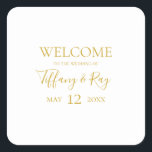 Eenvoudig elegant Gold Weddenschap Welkomstplein s Vierkante Sticker<br><div class="desc">Deze eenvoudige elegante gouden trouwwelkomstpleistersticker is perfect voor je moderne,  minimalistische witte en goudbruiloft. Het ontwerp biedt een minimaal hedendaags goudlettertype dat vergezeld gaat van een formele kalligrafie. Houd het zoals is,  of verkies om het met uw eigen kunstwerk of foto's te personaliseren!</div>