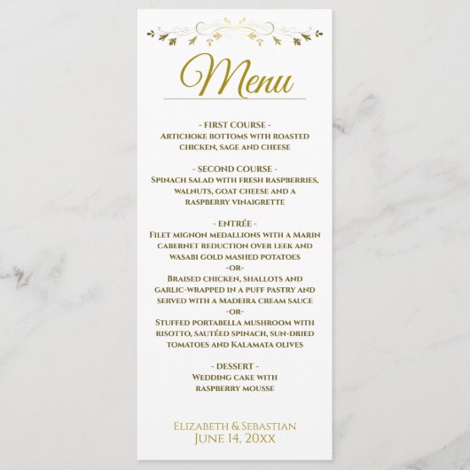 Eenvoudig Elegant Gold & White Lacy Filigree Weddi Menu (Voorkant)