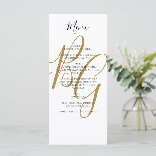 Eenvoudig Elegant Golden Initialen Weddenschap Menu (Staand voorkant)