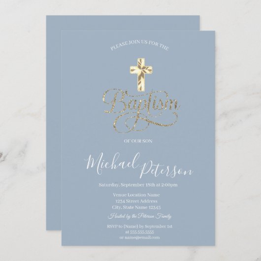 Eenvoudig Elegant Goud Kruis Dusty Blue Kaart (Voorkant / Achterkant)