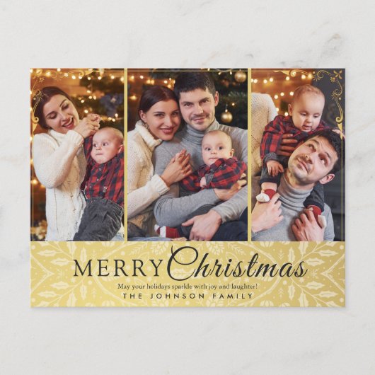 Eenvoudig Elegant Goud Lijst 3 Foto Kerst Feestdagenkaart (Voorkant)
