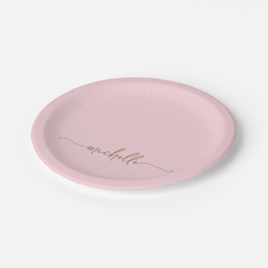 Eenvoudig Elegant Goud Monogram Script Blush Roze Papieren Bordje (Gekanteld)
