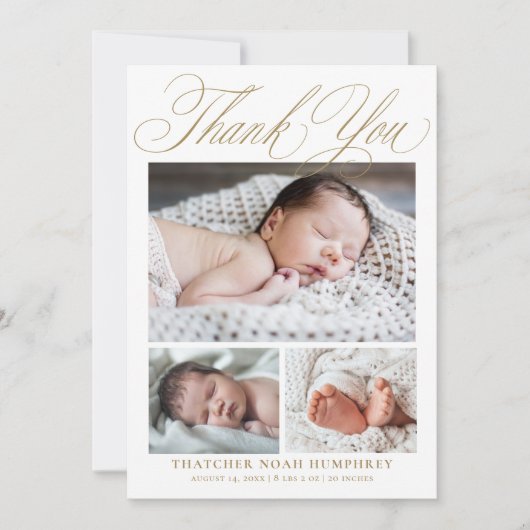 Eenvoudig Elegant Goud Script 4 Foto Baby Bedankkaart (Voorkant)