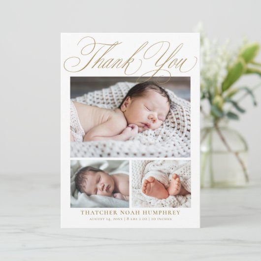 Eenvoudig Elegant Goud Script 4 Foto Baby Bedankkaart (Staand voorkant)