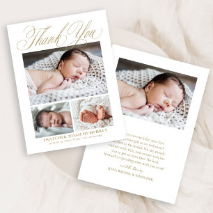 Eenvoudig Elegant Goud Script 4 Foto Baby Bedankkaart