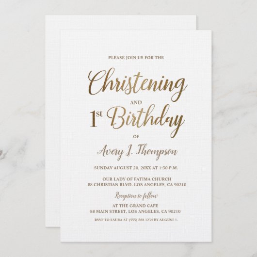 Eenvoudig Elegant Goud Wit Doopsel 1e Verjaardag Kaart (Voorkant / Achterkant)