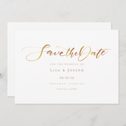 Eenvoudig Elegant Gouden Calligrafie Schrift Save The Date (Voorkant / Achterkant)