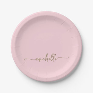 Eenvoudig Elegant Gouden Monogram Schrift Roze Roo Papieren Bordje