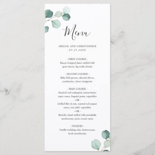 Eenvoudig Elegant Groene Eucalyptus Huwelijksmenu Menu (Voorkant)