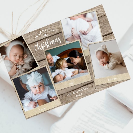 Eenvoudig Elegant Hout Multi Photo Collage Kerstmi Feestdagenkaart