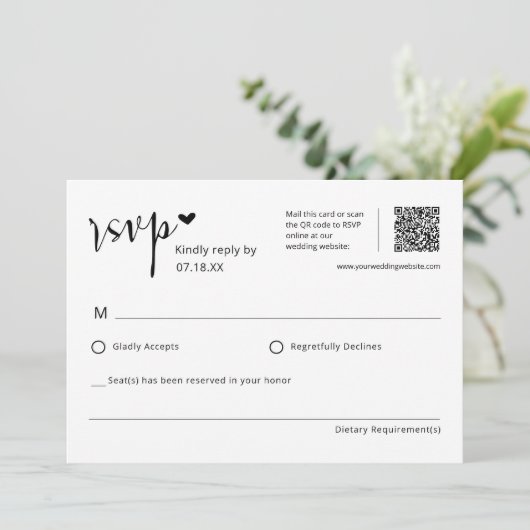 Eenvoudig Elegant Huwelijk QR Code RSVP Briefkaart (Staand voorkant)