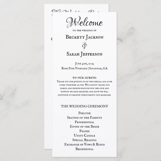 Eenvoudig Elegant Huwelijksprogramma Programmakaart (Voorkant / Achterkant)