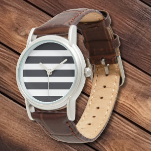 Eenvoudig Elegant Klassiek Zwart Wit Strepen Leder Horloge