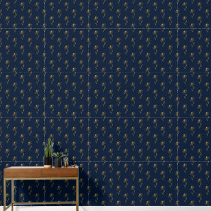 Eenvoudig Elegant Koninklijk Blauw Goud Bloempatro Behang