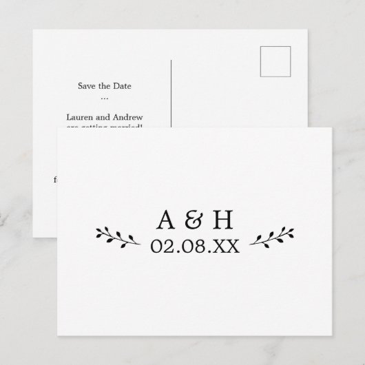 Eenvoudig elegant Leaf Motif Monogram Opslaan Datu Briefkaart (Voorkant / Achterkant)