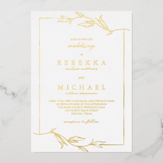 Eenvoudig elegant Leaves White Wedding Real Folie Uitnodiging (Voorkant)