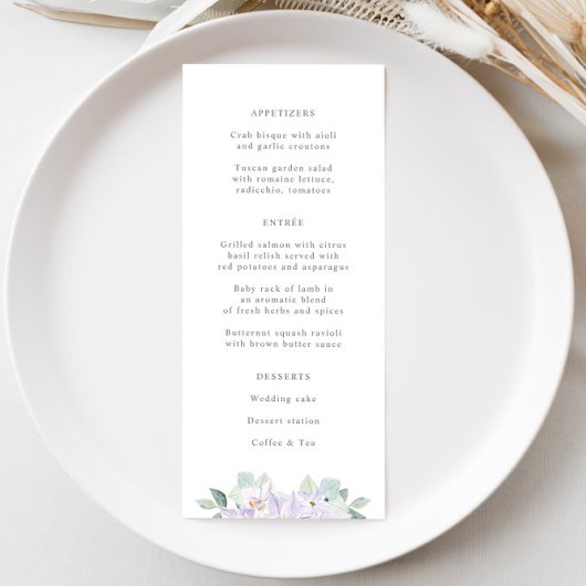 Eenvoudig elegant Lila Waterverf bruiloft Menu