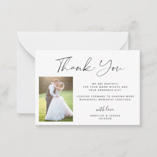 Eenvoudig elegant manuscript 2 foto's trouwdank u notitiekaartje (Voorkant)