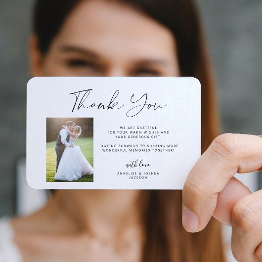 Eenvoudig elegant manuscript 2 foto's trouwdank u notitiekaartje