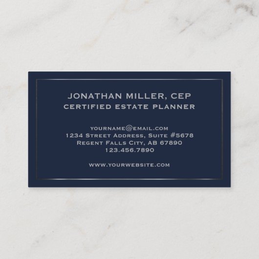 Eenvoudig Elegant Marine Blauw en Zilver Visitekaartje (Achterkant)