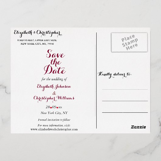 Eenvoudig Elegant Marsala White Wedding Save the D Folie Uitnodiging Briefkaart (Achterkant)
