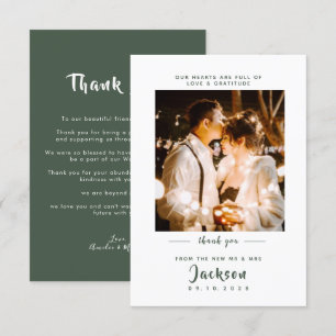 Eenvoudig elegant met foto Donkergroen huwelijk Bedankkaart