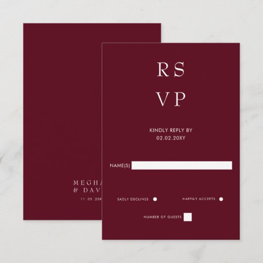 Eenvoudig Elegant Minimal Modern Burgundy Wedding RSVP Kaartje (Voorkant / Achterkant)
