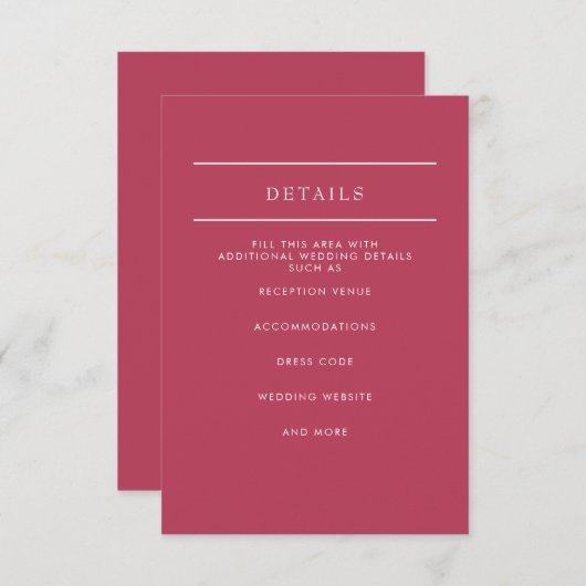 Eenvoudig Elegant Minimal Modern Magenta Wedding Informatiekaartje (Voorkant / Achterkant)