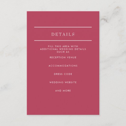 Eenvoudig Elegant Minimal Modern Magenta Wedding Informatiekaartje (Voorkant)