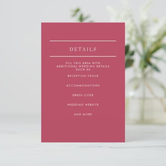 Eenvoudig Elegant Minimal Modern Magenta Wedding Informatiekaartje (Staand voorkant)