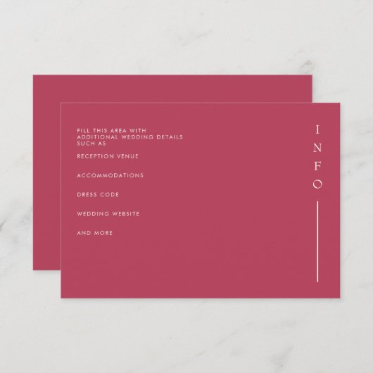 Eenvoudig Elegant Minimal Modern Magenta Wedding Informatiekaartje (Voorkant / Achterkant)