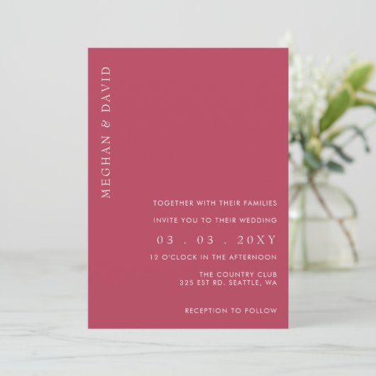 Eenvoudig Elegant Minimal Modern Magenta Wedding Kaart (Staand voorkant)