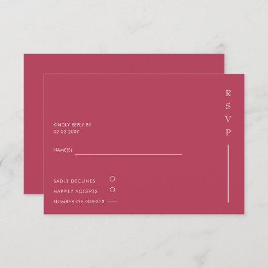Eenvoudig Elegant Minimal Modern Magenta Wedding RSVP Kaartje (Voorkant / Achterkant)